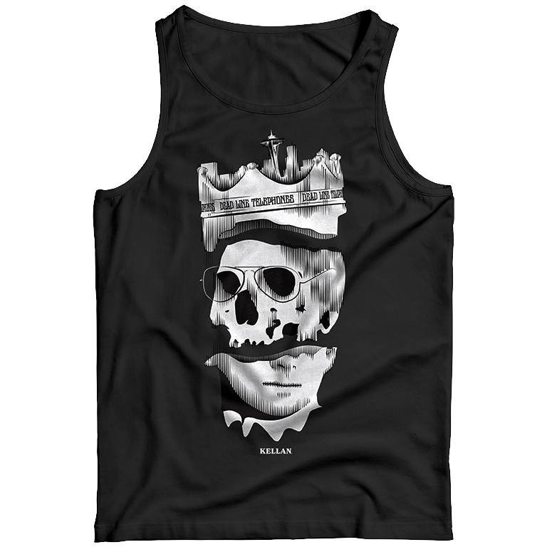 Black tank top featuring a white graphic of a skull with glasses and a crown. The crown has text that reads 'DEAD LINE TELEPHONE'. Below the skull, the name 'KELLAN' is printed.