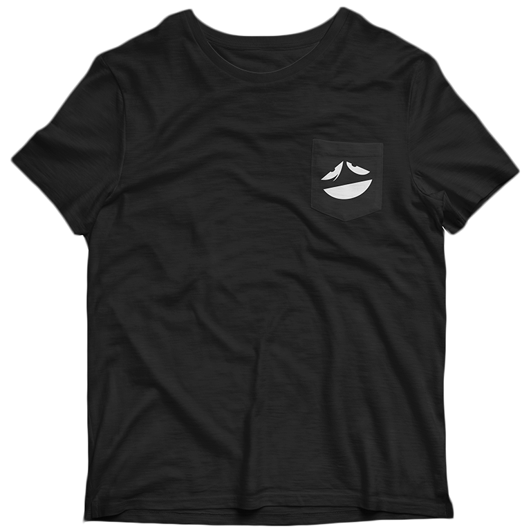 Black crew neck t-shirt with a small pocket-sized graphic on the chest. The graphic is a stylized white design of a minimalist doodle face with a mouth slightly open feigning a smile with glazed over eyes.